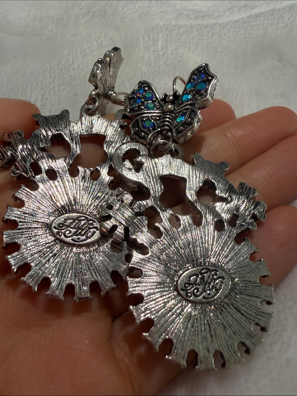 Silver-Tone Cat & Cameo Drop Earrings with Blue Butterfly Accents - Picture 3 of 5